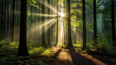 Sunlight filtering through a forest canopyの素材