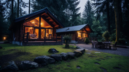 Pension with a private hot tub, providing relaxation with a view of the forestの素材