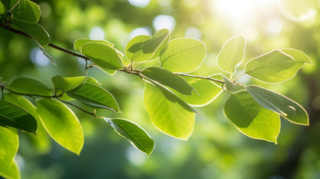 Leaves with morning sunlight filtering throughの素材