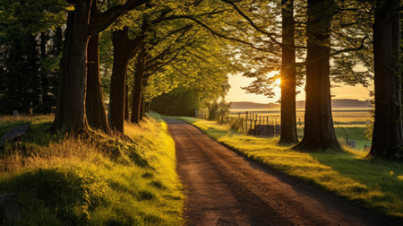 The golden hour glow on a country pathの素材