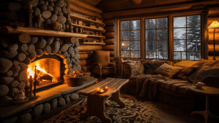 Rustic pension featuring a warm fireplace for a cozy retreat in the woodsの素材
