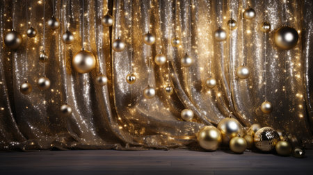 Shimmering gold ornaments on a luxurious christmas backdropの素材