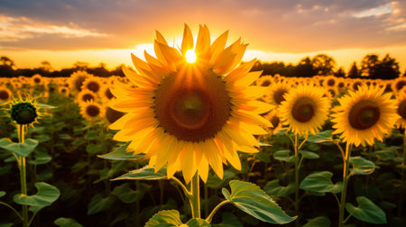 The golden hour light on a field of sunflowersの素材