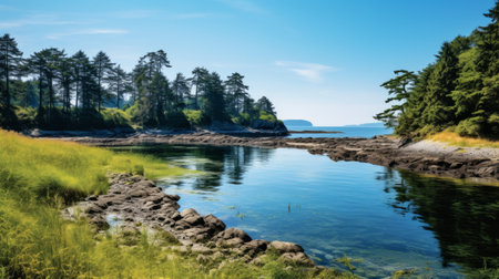 Serene coastal inlet with calm waters and lush greeneryの素材
