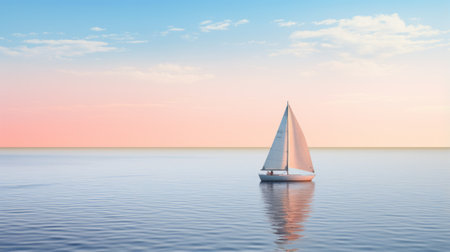 Tranquil ocean scene with a lone sailboat on the horizonの素材