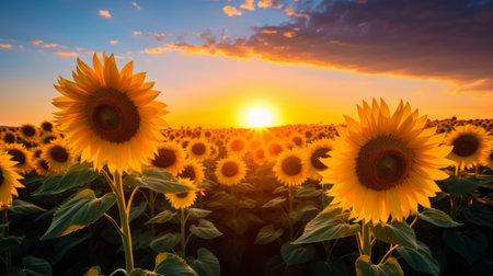 The golden light on a field of sunflowersの素材