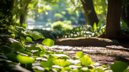 Sunlight filtering through leaves in a tranquil gardenの素材