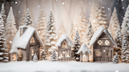 Rustic christmas winter scene with wooden decorations and snowの素材