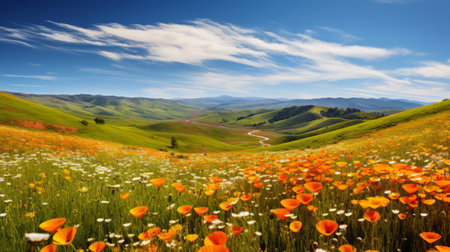 Rolling hills covered in vibrant, blooming wildflowersの素材