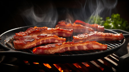 Sizzling bacon slices taking flight from the panの素材
