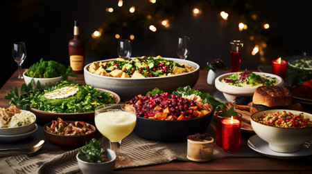 A christmas brunch table with festive dishesの素材