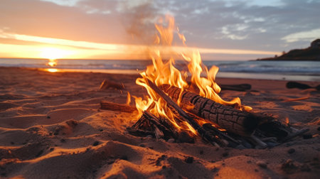 A beachside bonfire during the golden hourの素材