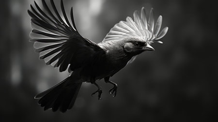 A closeup of a monochrome bird in graceful flightの素材