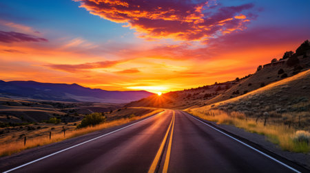A road with a stunning sunset over the mountainsの素材