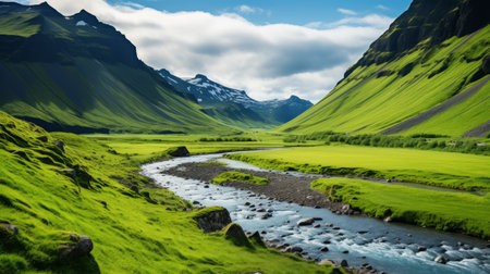 A lush, green valley with a winding mountain streamの素材
