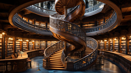 A library interior with spiral staircases and balconiesの素材