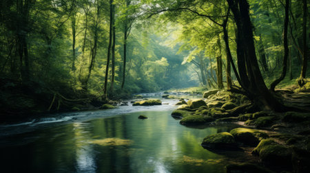 A tranquil river winding through a dense forestの素材