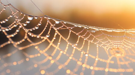 Hyper zoom closeup of a dewy spiderweb at dawnの素材