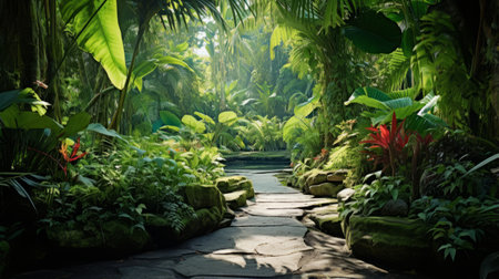 A vibrant tropical rainforest with lush greenery for an exotic feelの素材
