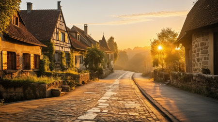 A road through a charming village at sunriseの素材