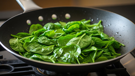 A toss of spinach leaves in a hot panの素材