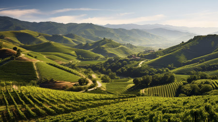 A panoramic view of rolling hills covered in vineyardsの素材
