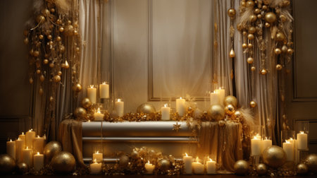 Elegant christmas decor on a luxurious golden backdropの素材