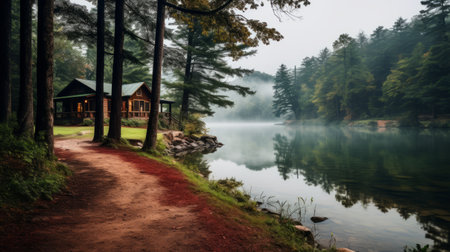 A road leading to a serene riverside cabinの素材