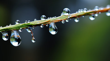Hyper zoom of a raindrop clinging to a twigの素材