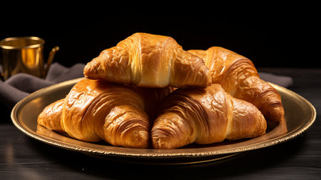 A plate of freshly baked croissants with a golden exteriorの素材