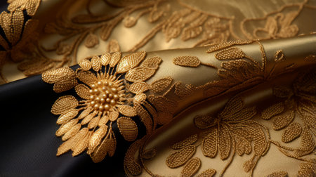 Beautiful gold and black fabric with an intricate floral patternの素材