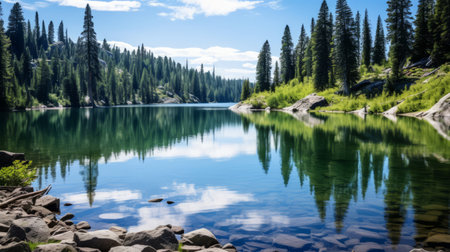 A serene, reflective lake surrounded by evergreen treesの素材