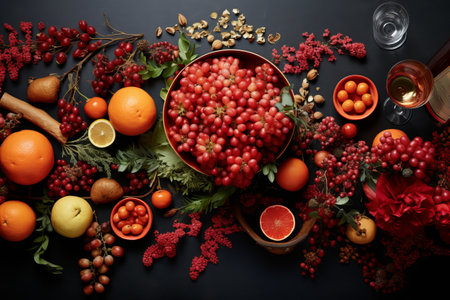 Top flat lay perspective capturing the essence of vibrant holiday adornmentsの素材