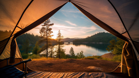 A tent with a view of a tranquil mountain lakeの素材
