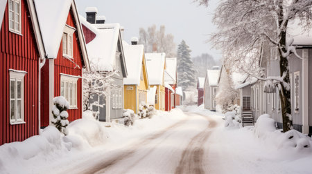 A snow covered village streetの素材