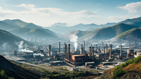 A scenic mountain landscape spoiled by industrial facilities causing visual pollutionの素材