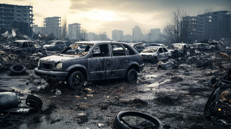 Abandoned cars and tires in a polluted junkyardの素材