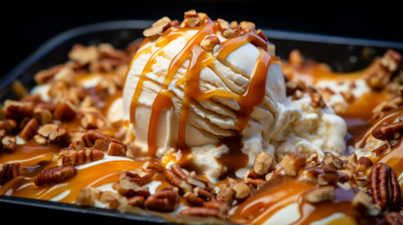 A caramel drizzle on a scoop of butter pecan ice creamの素材