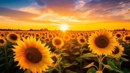 A radiant field of sunflowers basking in golden lightの素材