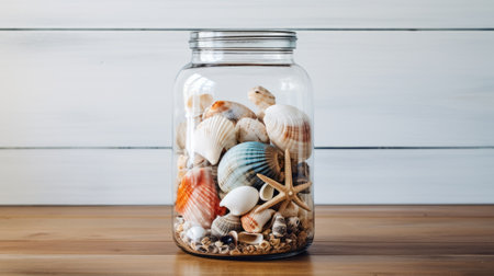 A transparent glass jar filled with seashellsの素材
