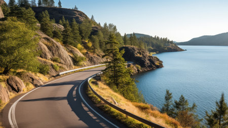 A curving road along the edge of a picturesque lakeの素材