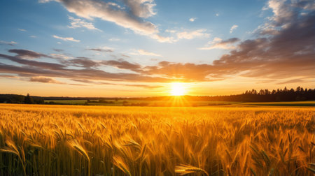 A warm, golden hour sunset over a fieldの素材