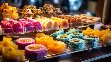 A colorful assortment of indian sweets on display at a dessert shopの素材
