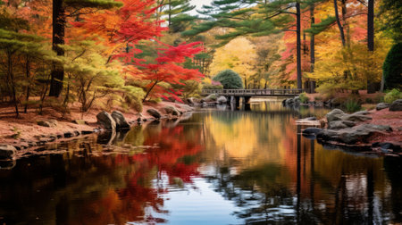 A tranquil pond surrounded by fall foliage for a seasonal atmosphereの素材