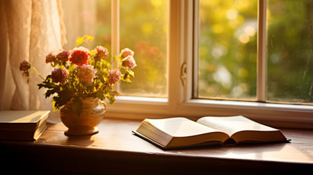 An open book on a sunlit windowsill with a viewの素材