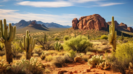An arid desert landscape with cactus and rock formationsの素材