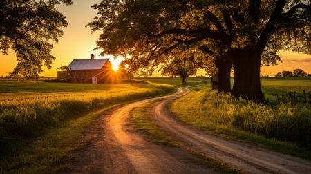 The golden hour glow on a country roadの素材