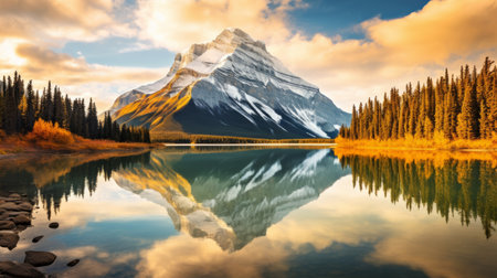 The reflection of a mountain in a golden lakeの素材