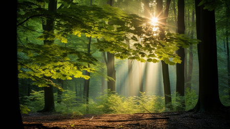 Sunlight filtering through leaves in a forestの素材