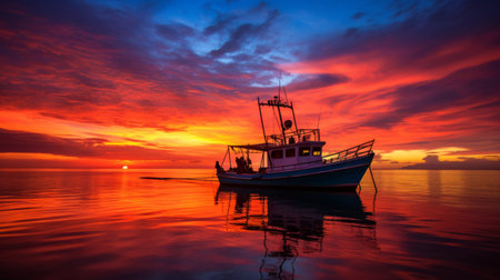 The silhouette of a boat against a fiery skyの素材